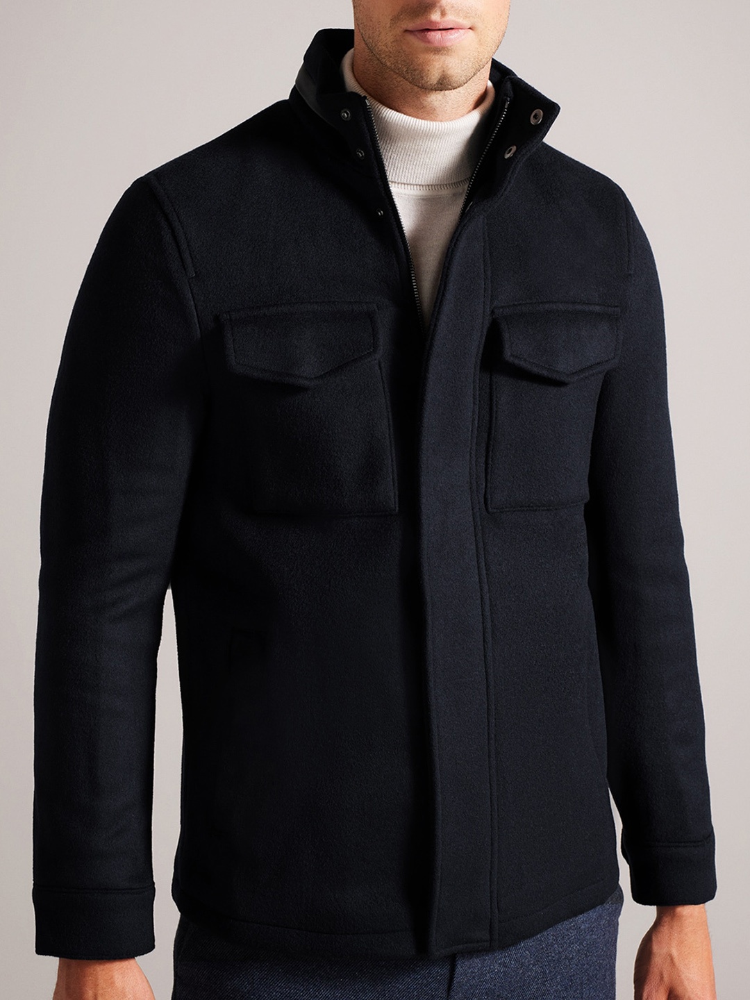 

Ted Baker Stand Collar Woollen Bomber Jacket, Navy blue