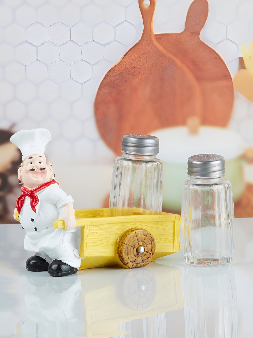 

Kookee 3 Pcs White & Transparent Chef Salt & Pepper Shakers with Holder