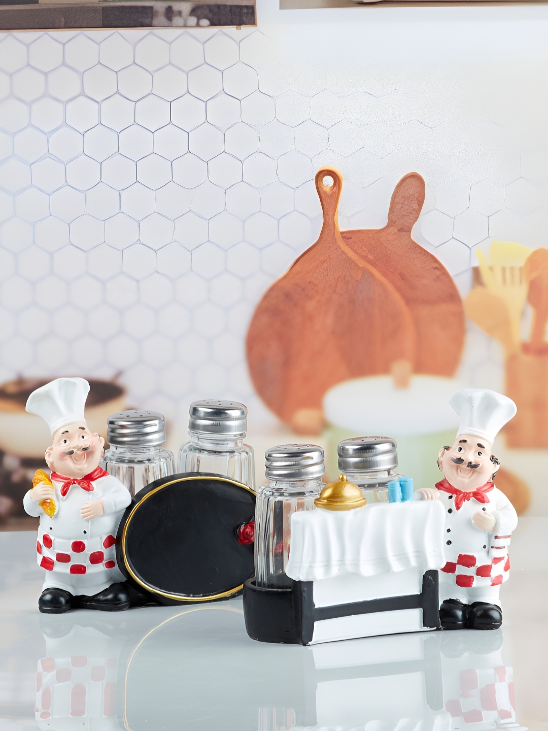 

Kookee 6 Pcs White & Transparent Chef Salt & Pepper Shakers with Holder