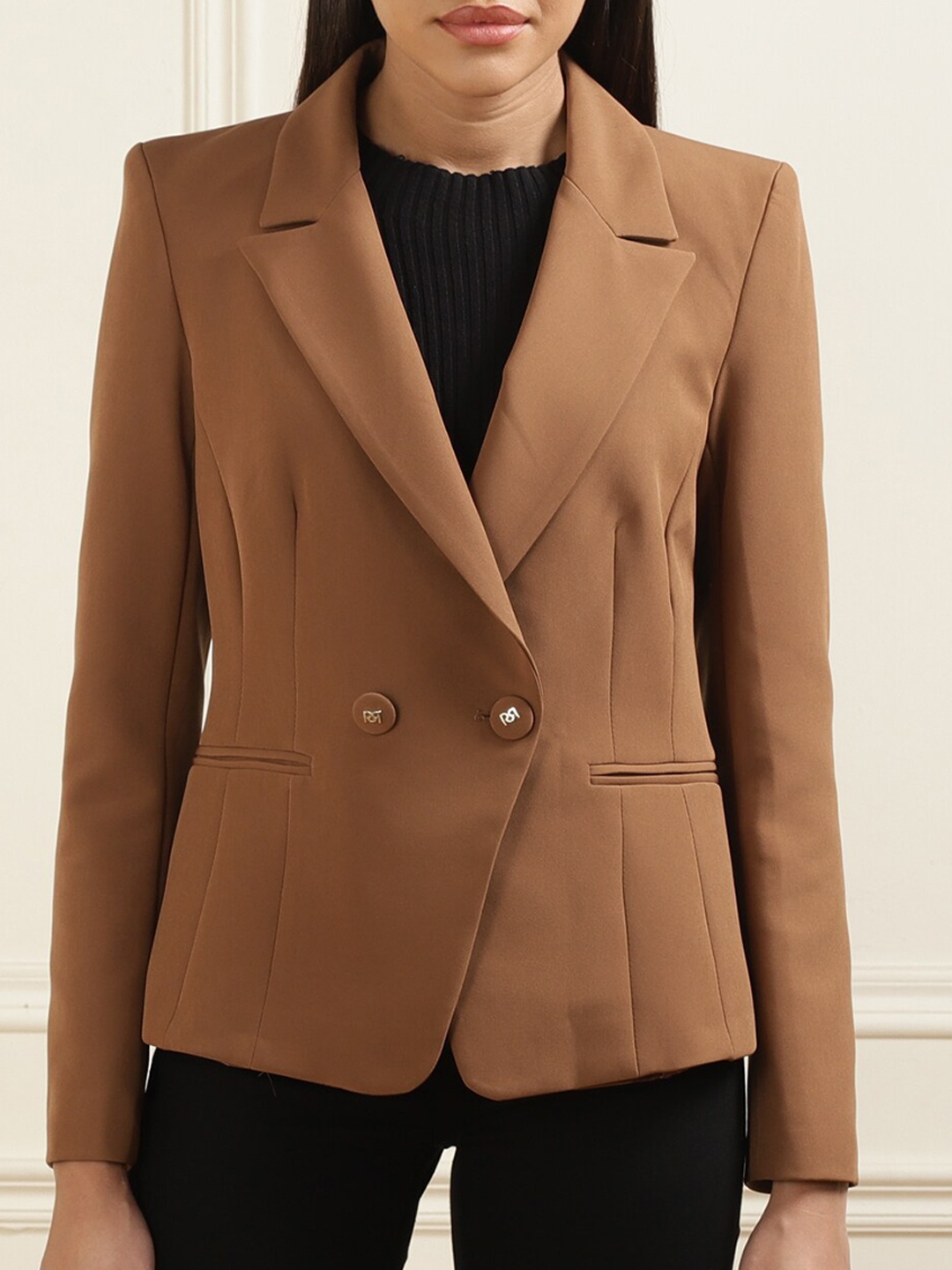 

Rinascimento Notched Lapel Collar Double Breasted Casual Blazer, Brown