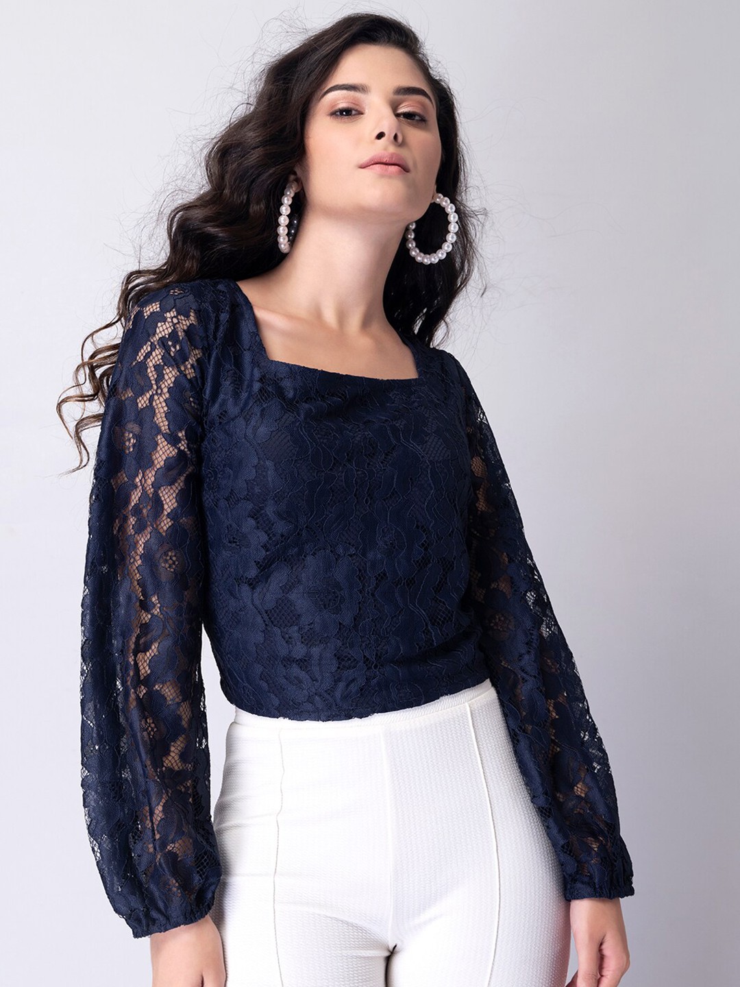 

FabAlley Navy Blue Floral Self Design Puff Sleeves Back Tie-Up Lace Crop Top