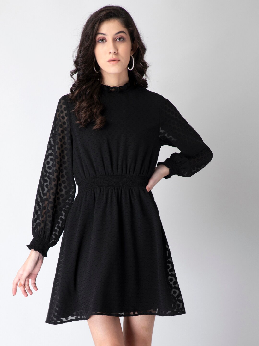 

FabAlley Black Self Design Fit and Flare Dress