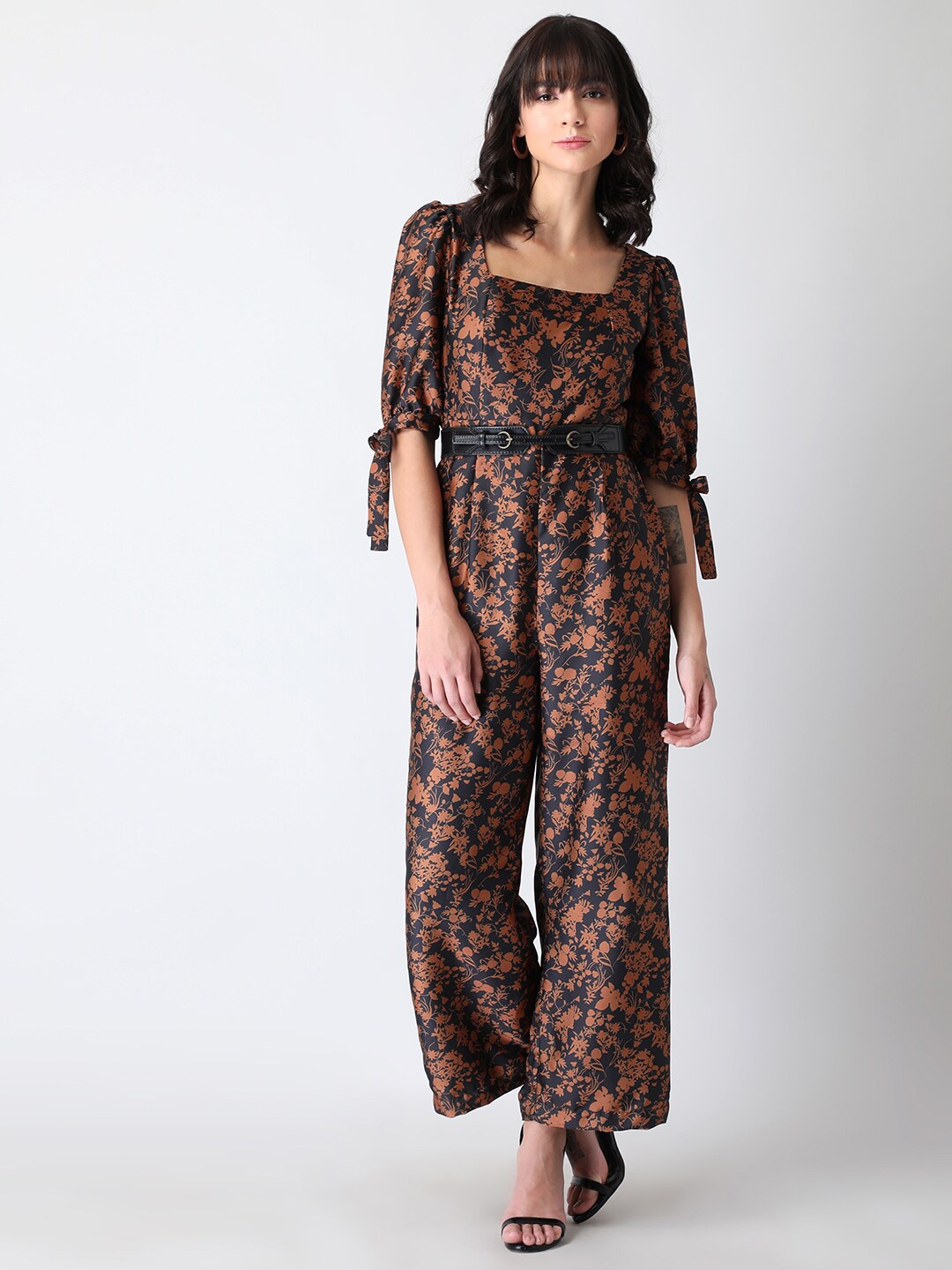 

FabAlley Brown Floral Printed Square Neck Basic Jumpsuit