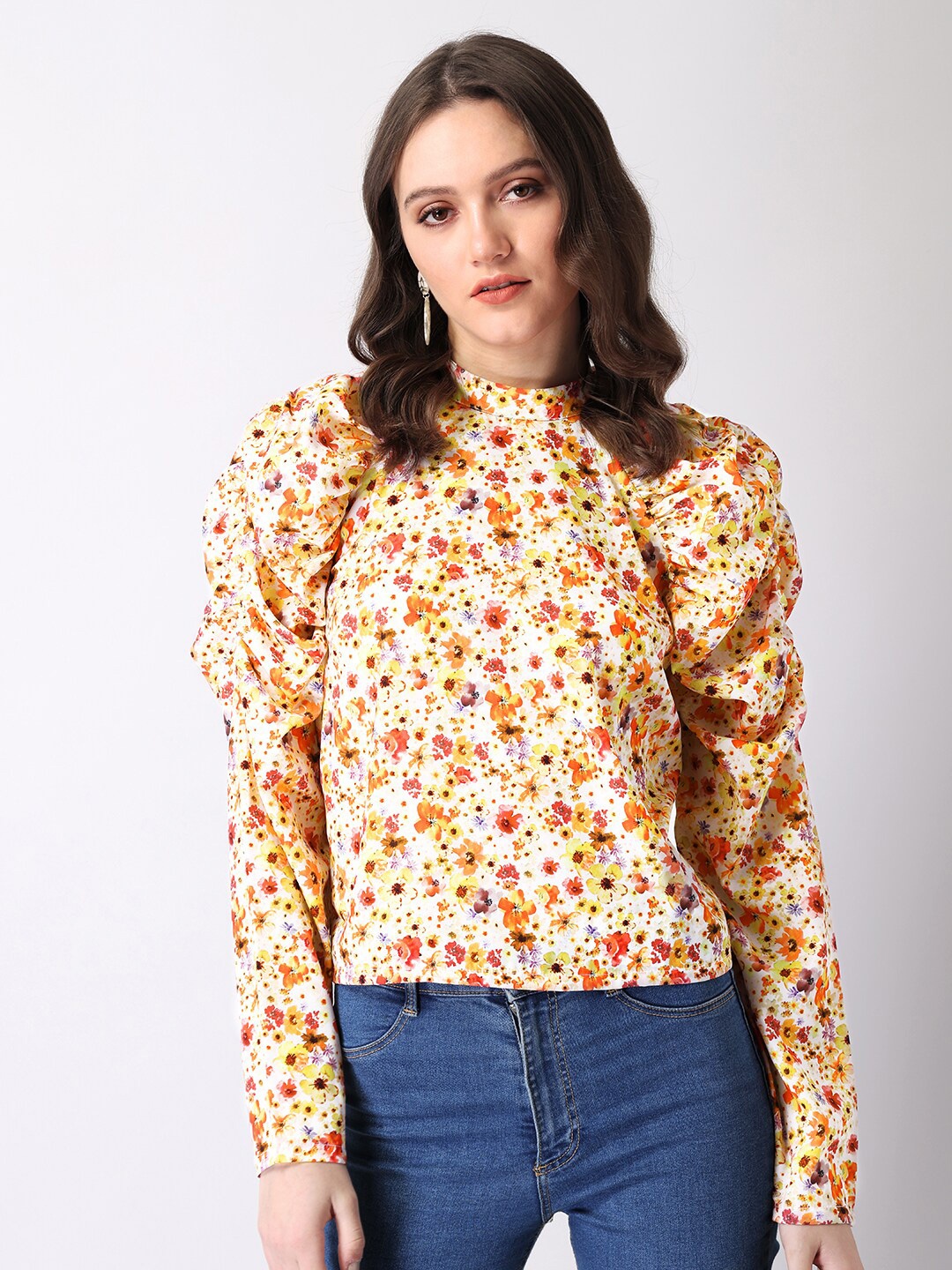 

FabAlley Yellow Floral Print High Neck Puff Sleeves Georgette Top