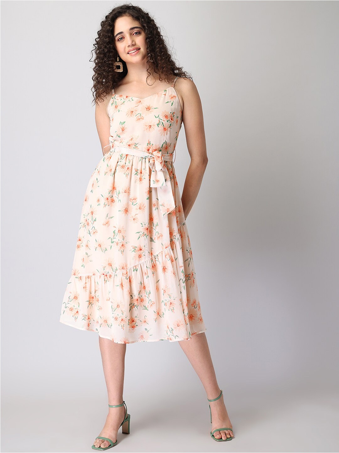 

FabAlley Peach-Coloured Floral Printed A-Line Dress