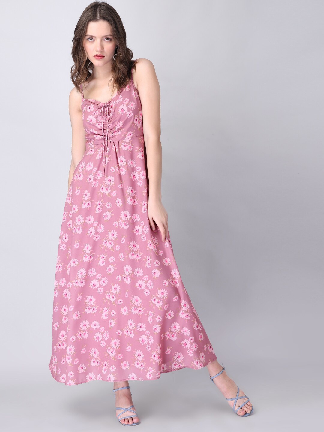 

FabAlley Pink Floral Printed Smocked Ruched Maxi Dress