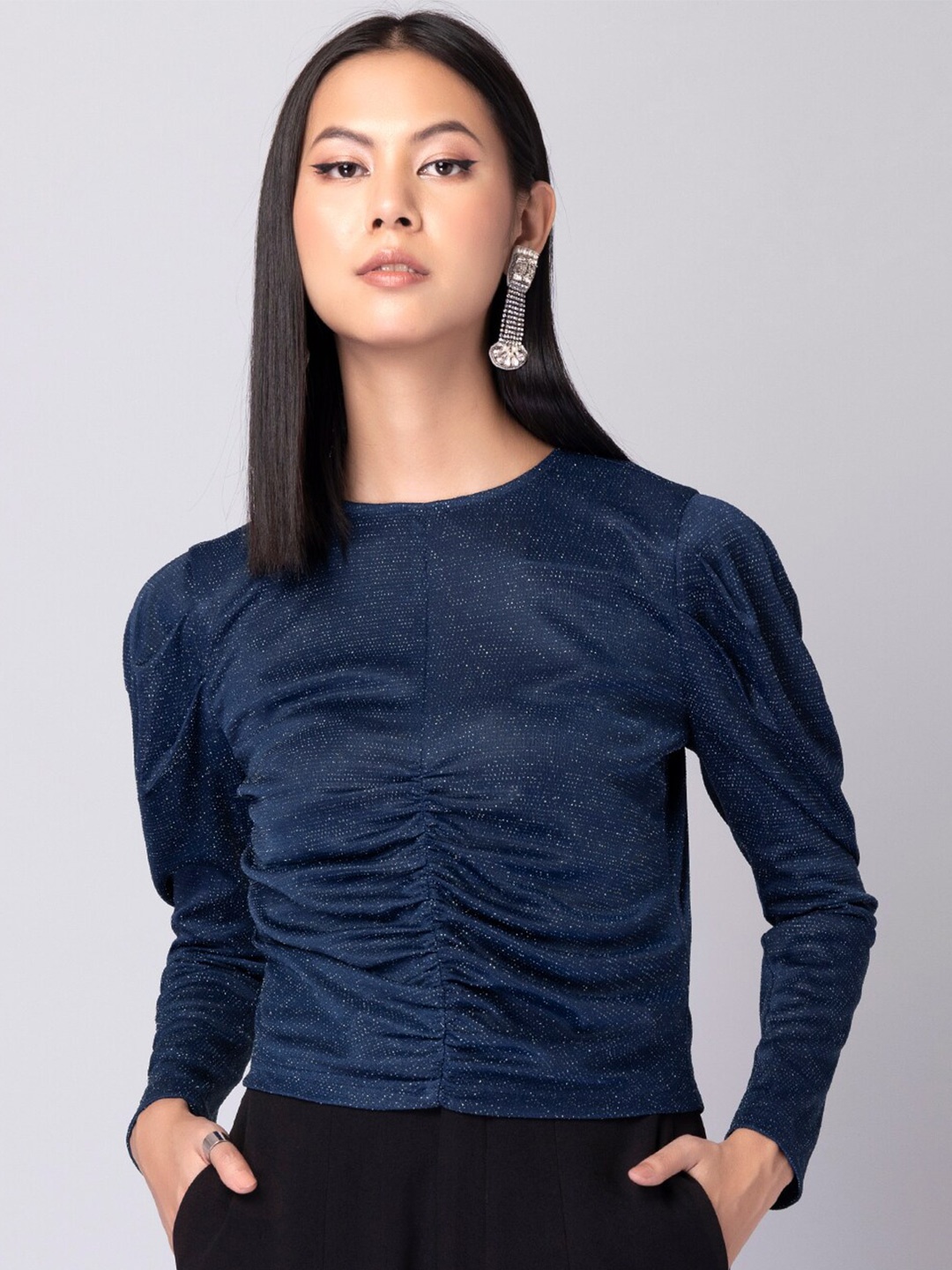 

FabAlley Navy Blue Self Design Puff Sleeves Ruched Top