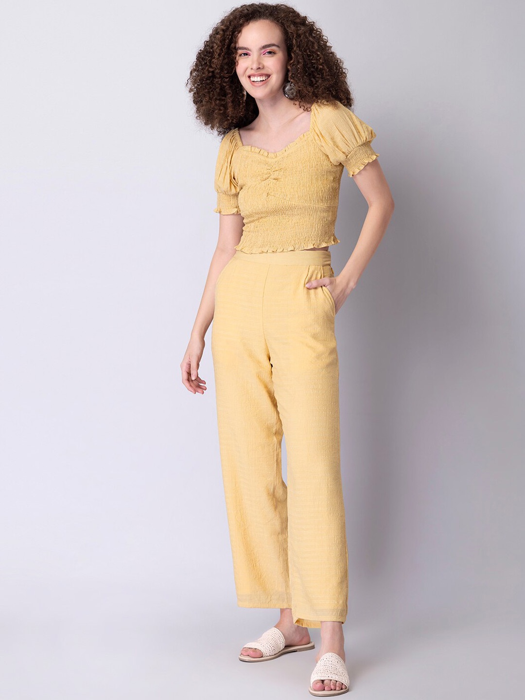 

FabAlley V-Neck Smocked Top & Trouser, Yellow