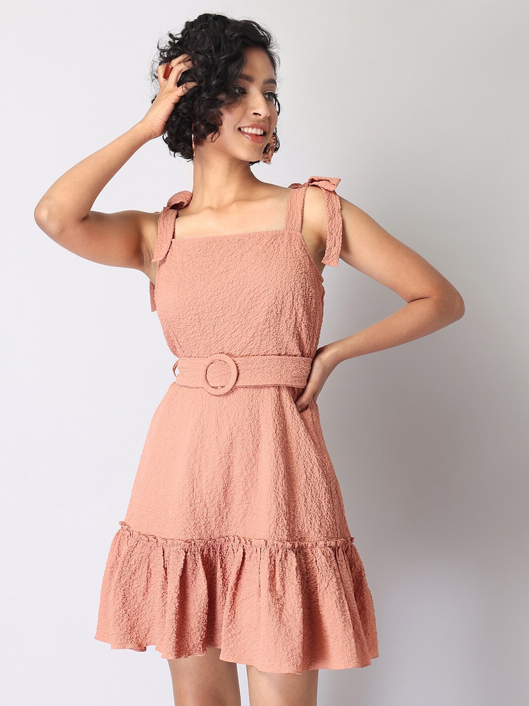 

FabAlley Orange Self Design Shoulder Straps Ruffled Belted Fit and Flare Dress
