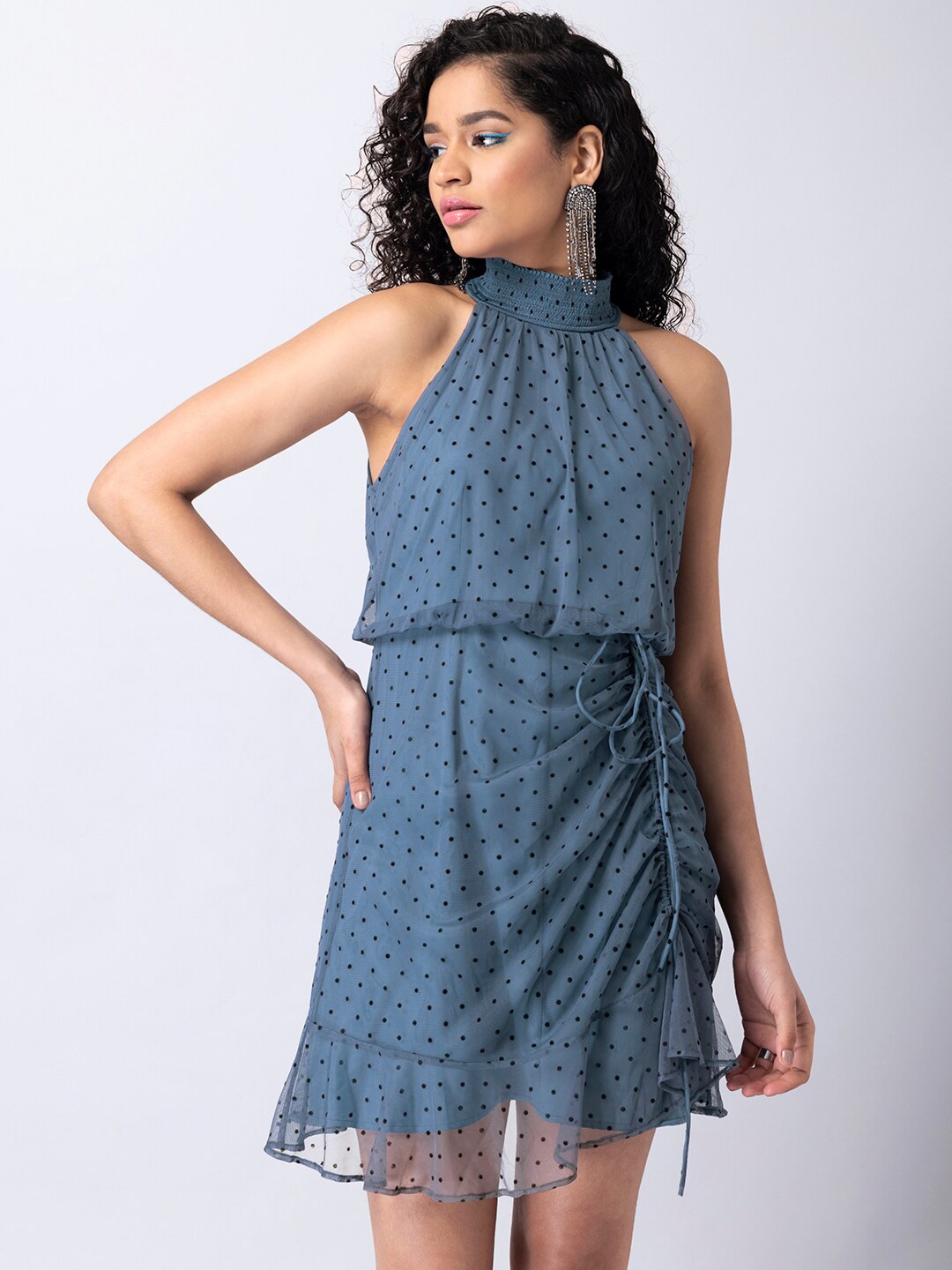 

FabAlley Polka Dots Printed Halter Neck Mini Dress, Blue