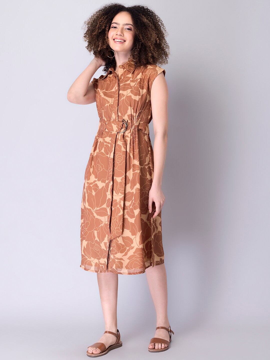 

FabAlley Beige Floral Printed Shirt Collar Gathered Detailed A-Line Midi Dress