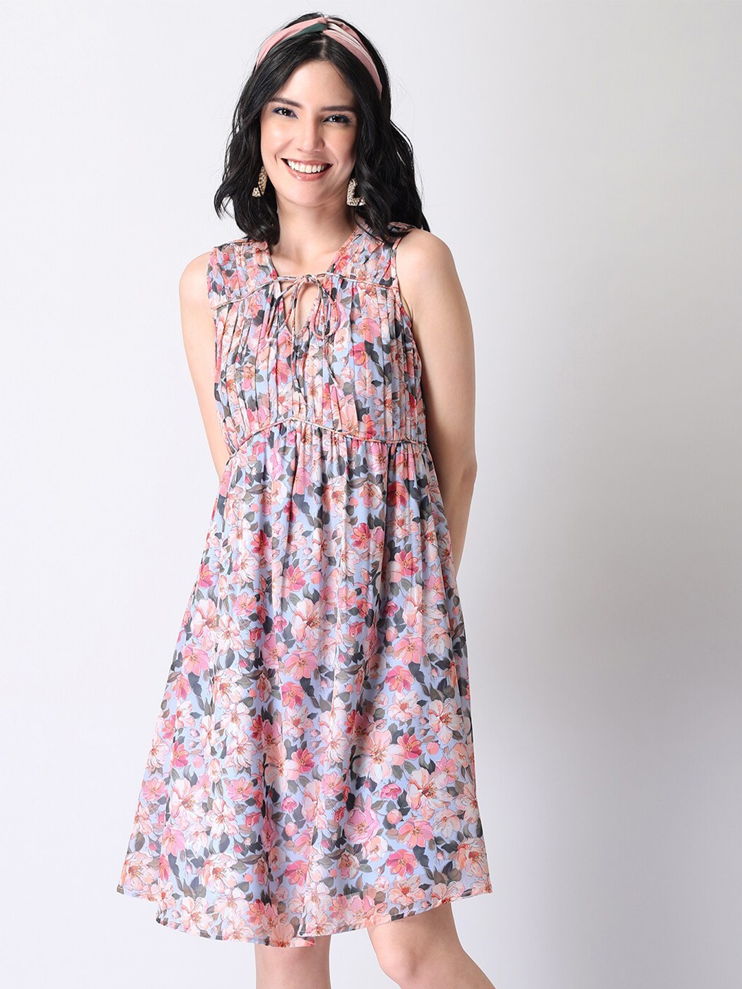 

FabAlley Floral Printed Georgette A-Line Dress, Blue