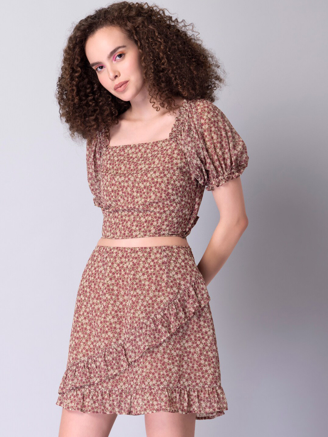 

FabAlley Floral Printed Square Neck Top & Skirt, Pink