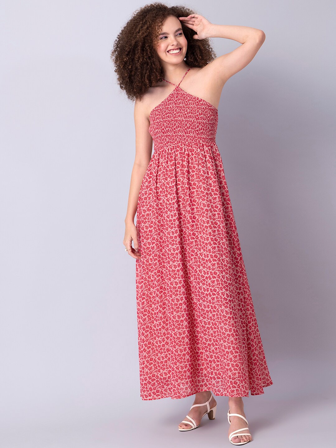 

FabAlley Red Floral Print Shoulder Straps Smocked Georgette Maxi Dress