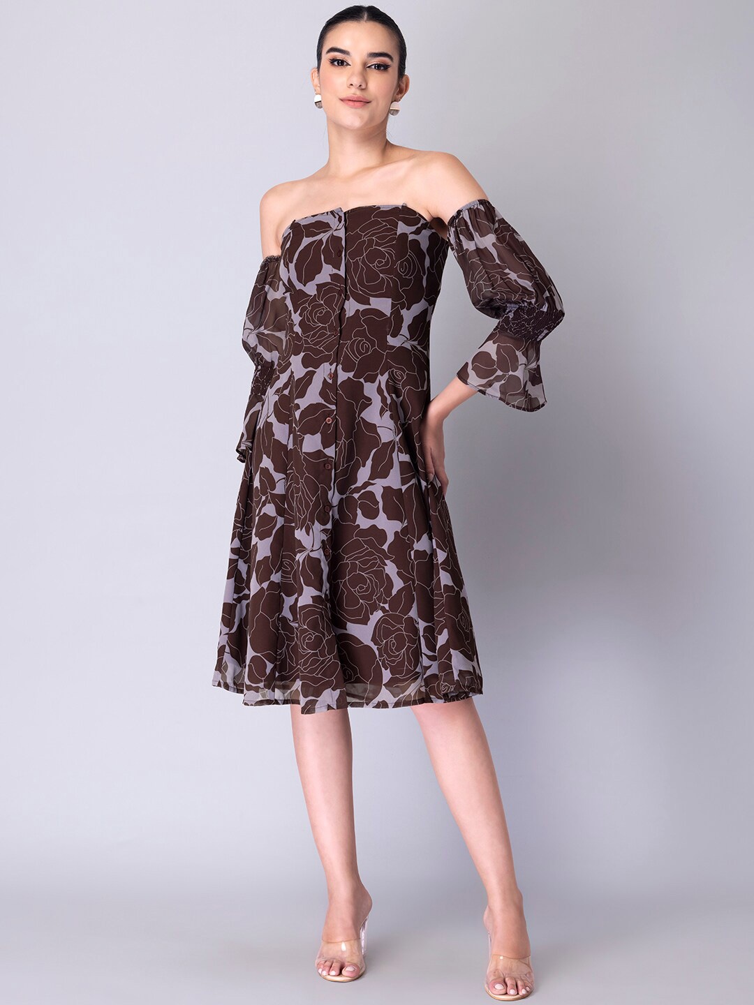 

FabAlley Floral Printed Off Shoulder Georgette A-Line Dress, Lavender