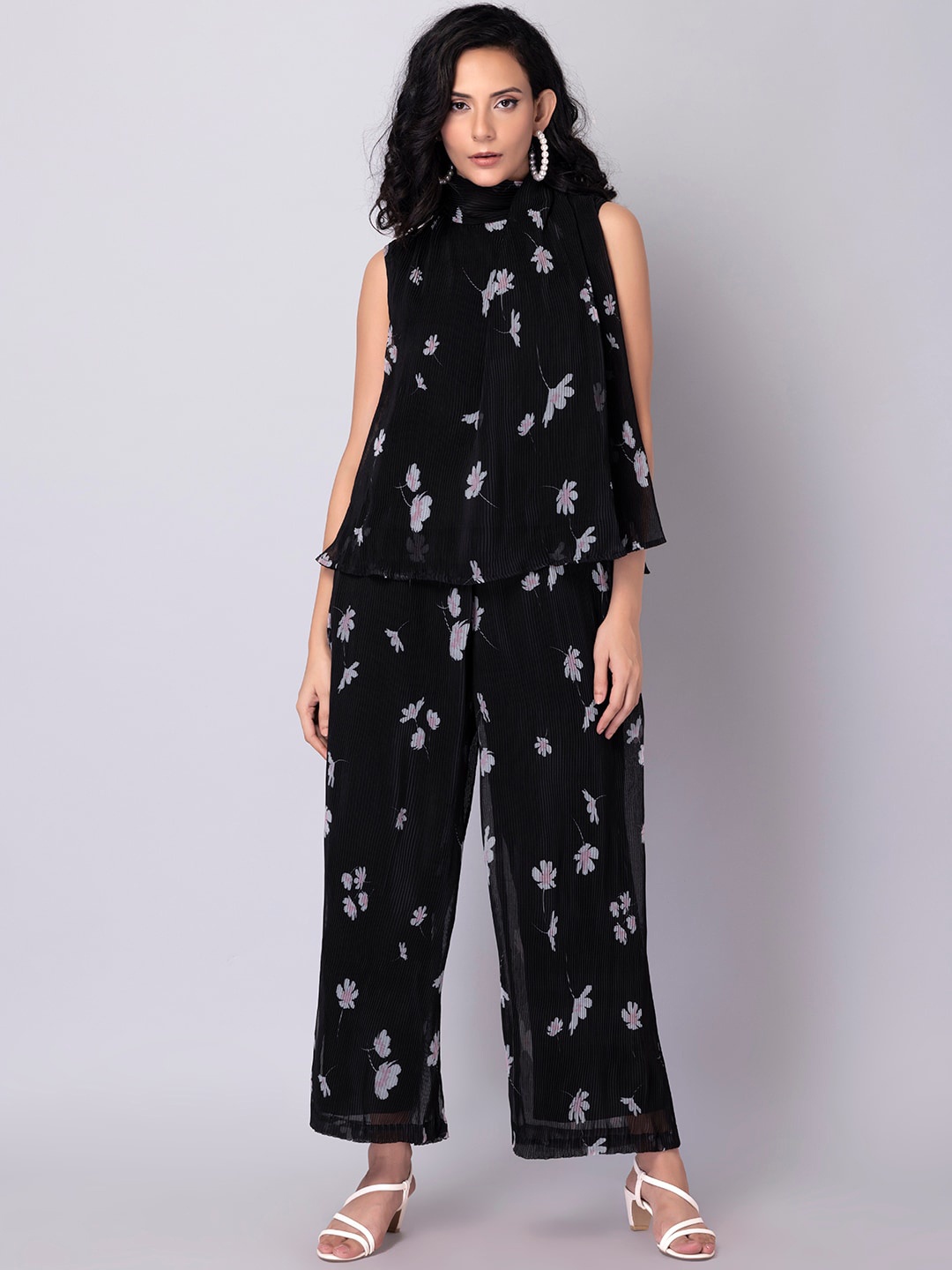 

FabAlley Floral Printed Pleated Top & Trouser Co-Ord Set, Black