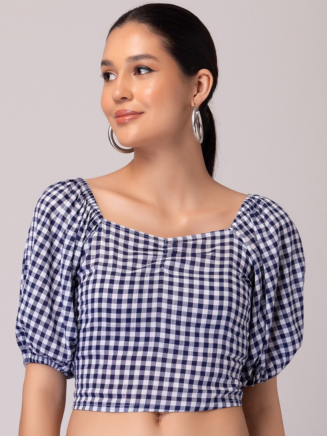 

FabAlley Checked Smocked Cotton Regular Crop Top, Blue