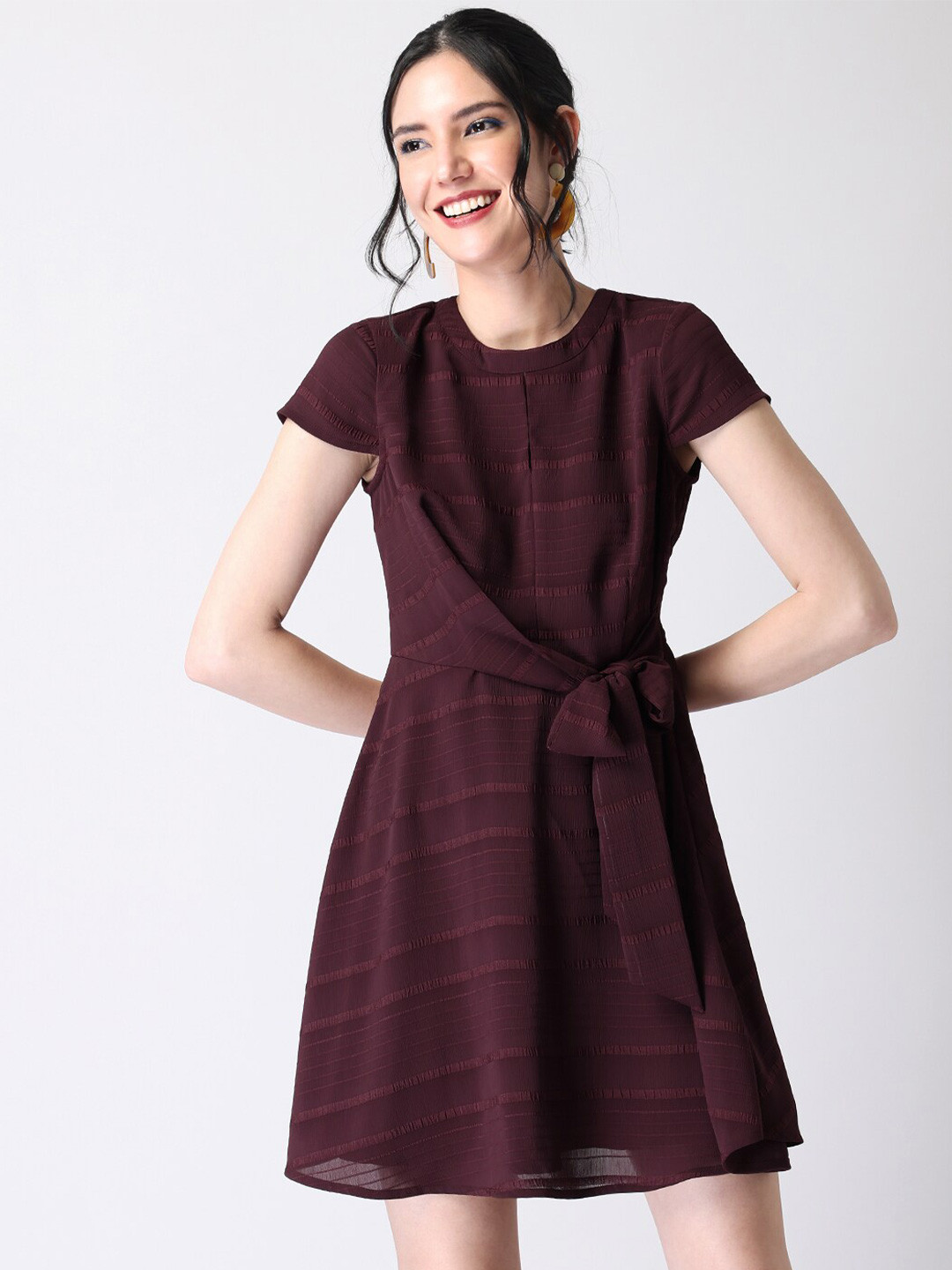 

FabAlley Purple Striped Neck Tie-Ups Georgette Dress