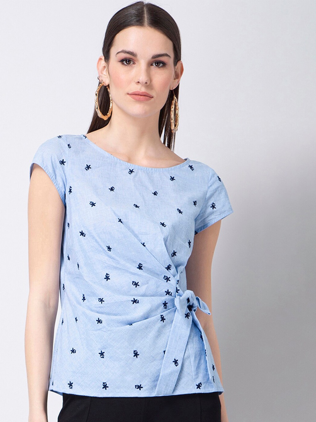 

FabAlley Floral Embroidered Cotton Top, Blue
