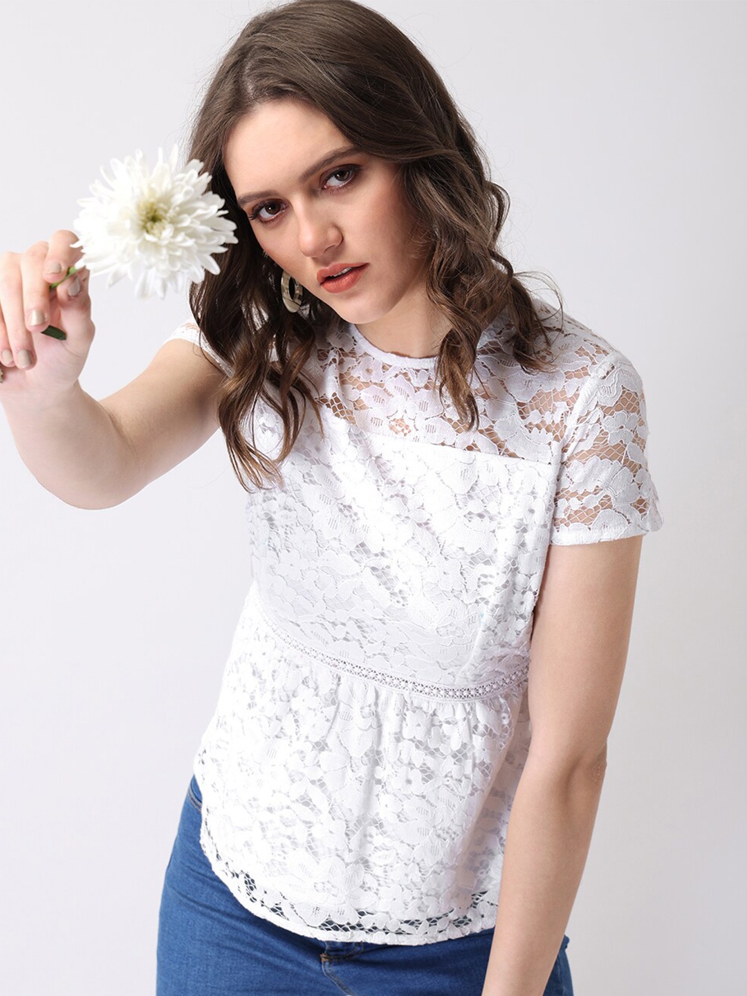 

FabAlley White Self Design Short Sleeves Lace Top