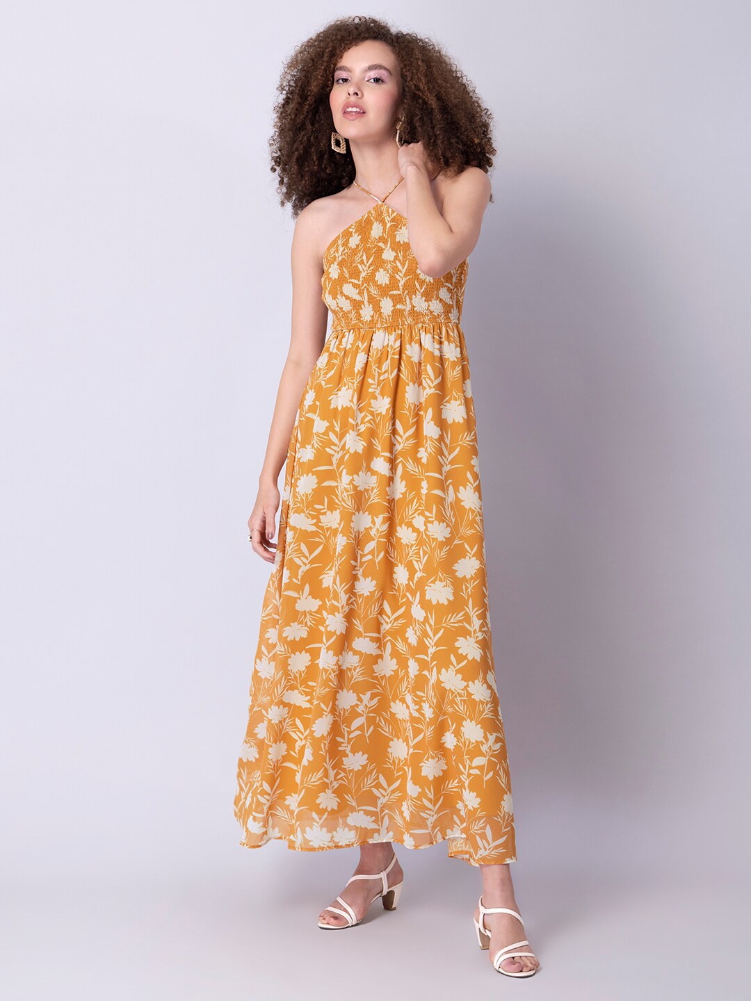 

FabAlley Floral Printed Halter Neck Smocked Georgette Maxi Dress, Yellow