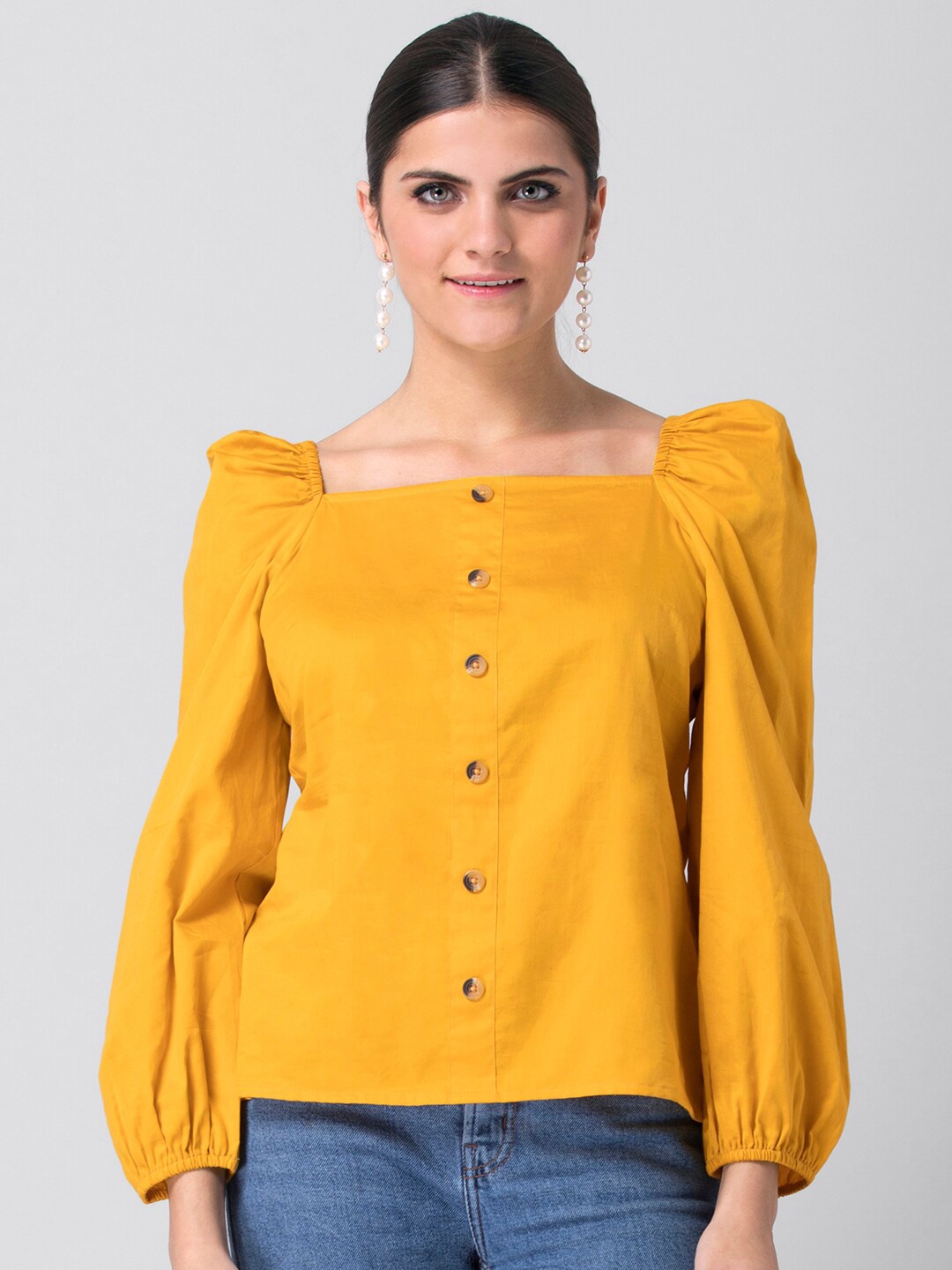 

FabAlley Square Neck Gathered Cotton Regular Top, Yellow