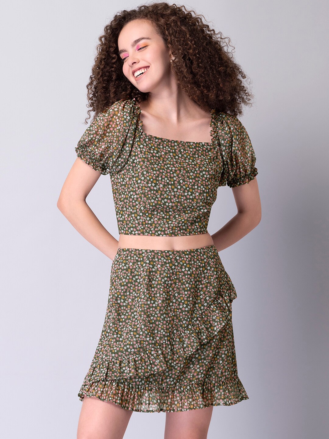 

FabAlley Floral Printed Top & Skirt Co-Ord Set, Olive