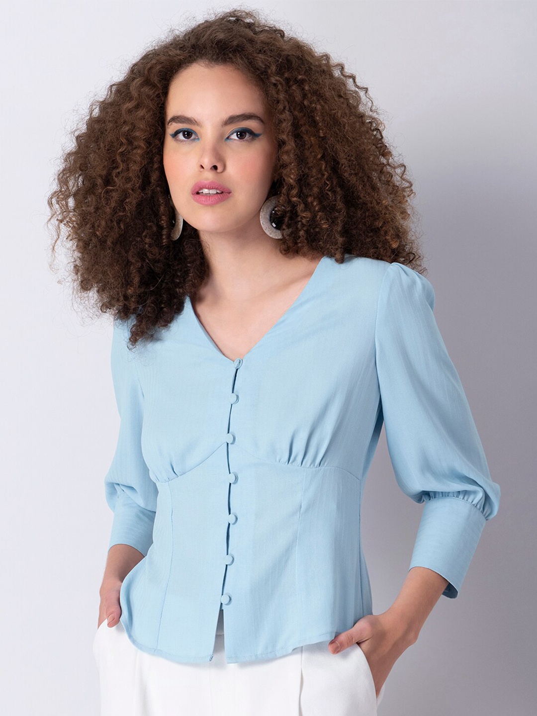 

FabAlley Blue V-Neck Cuffed Sleeves Top