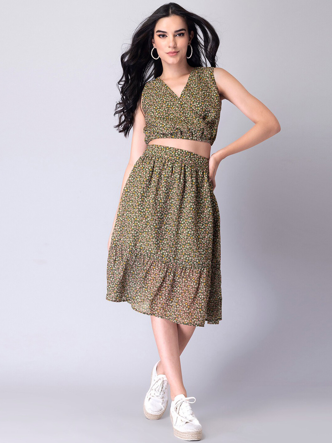 

FabAlley Floral Printed V-Neck Top & Skirt Co-Ords, Green