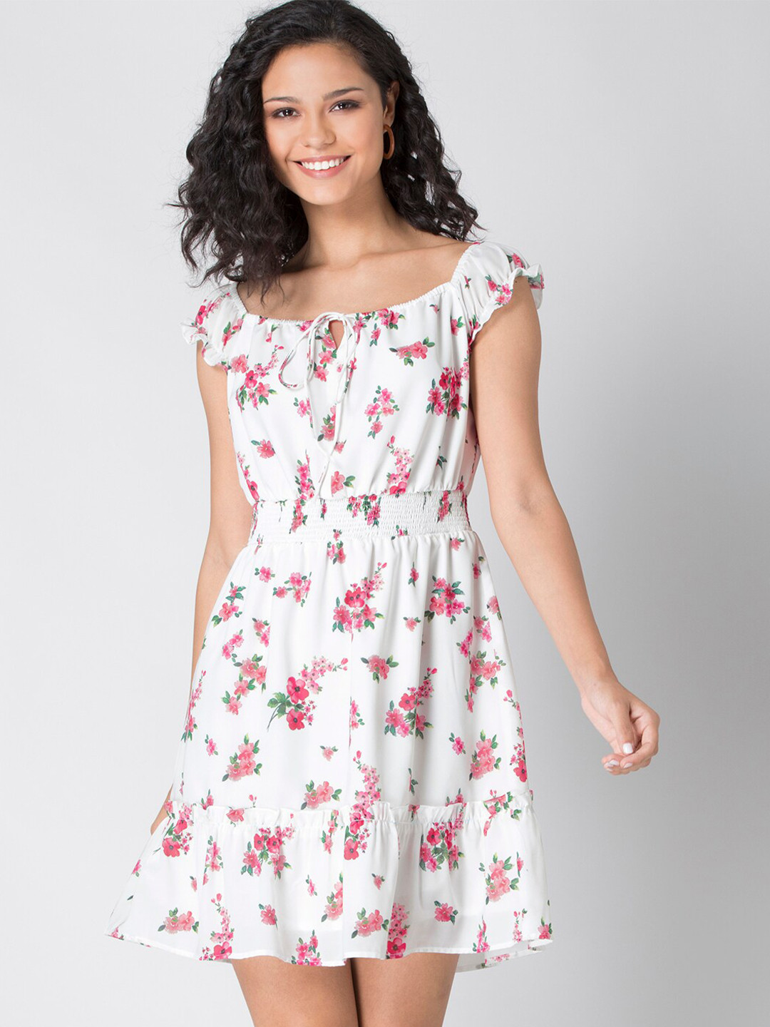 

FabAlley White Floral Printed Tie-Up Neck Smocked Waist Georgette Fit & Flare Dress
