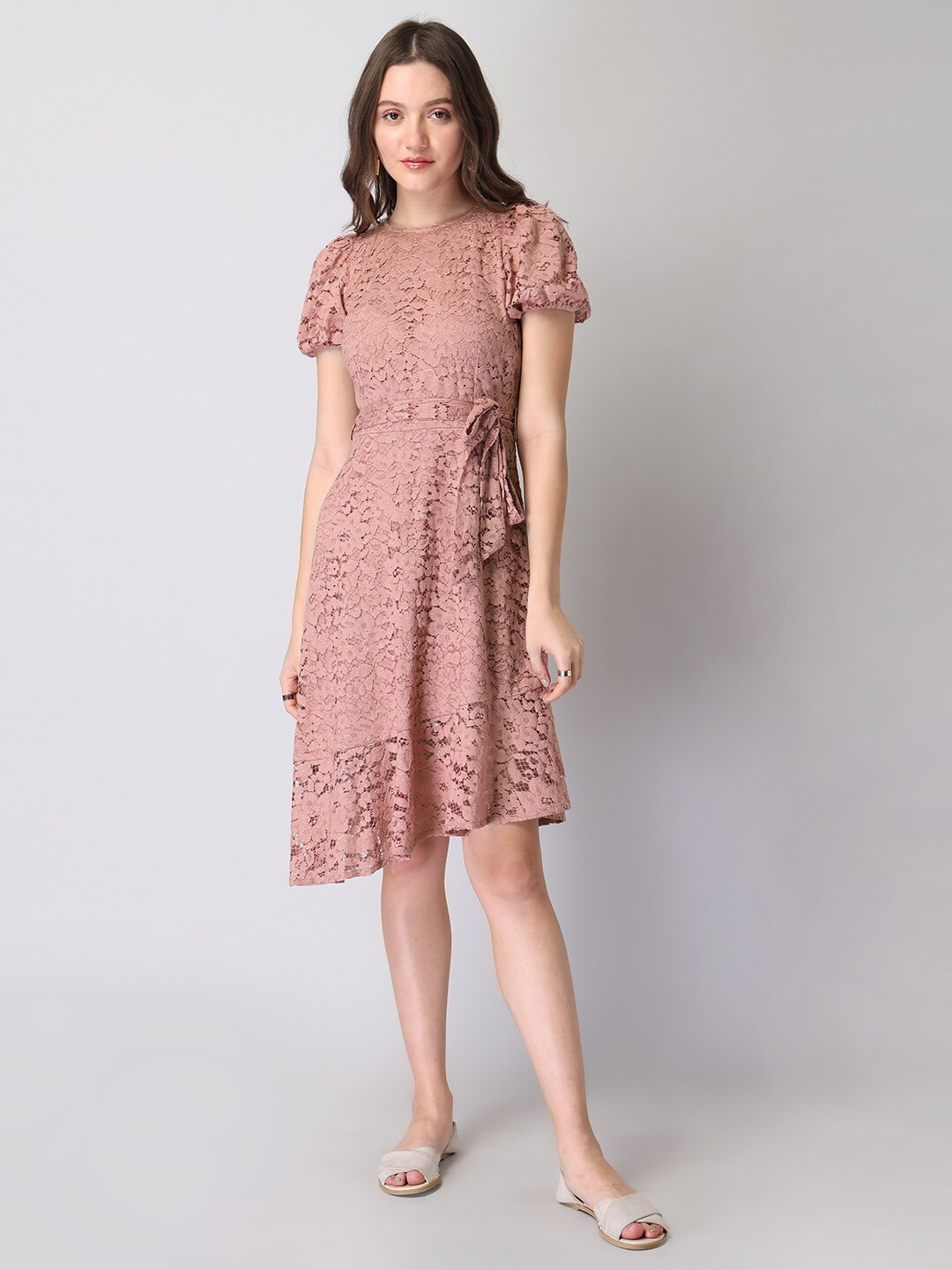 

FabAlley Pink Self Design Puff Sleeves Belted Fit and Flare Dress