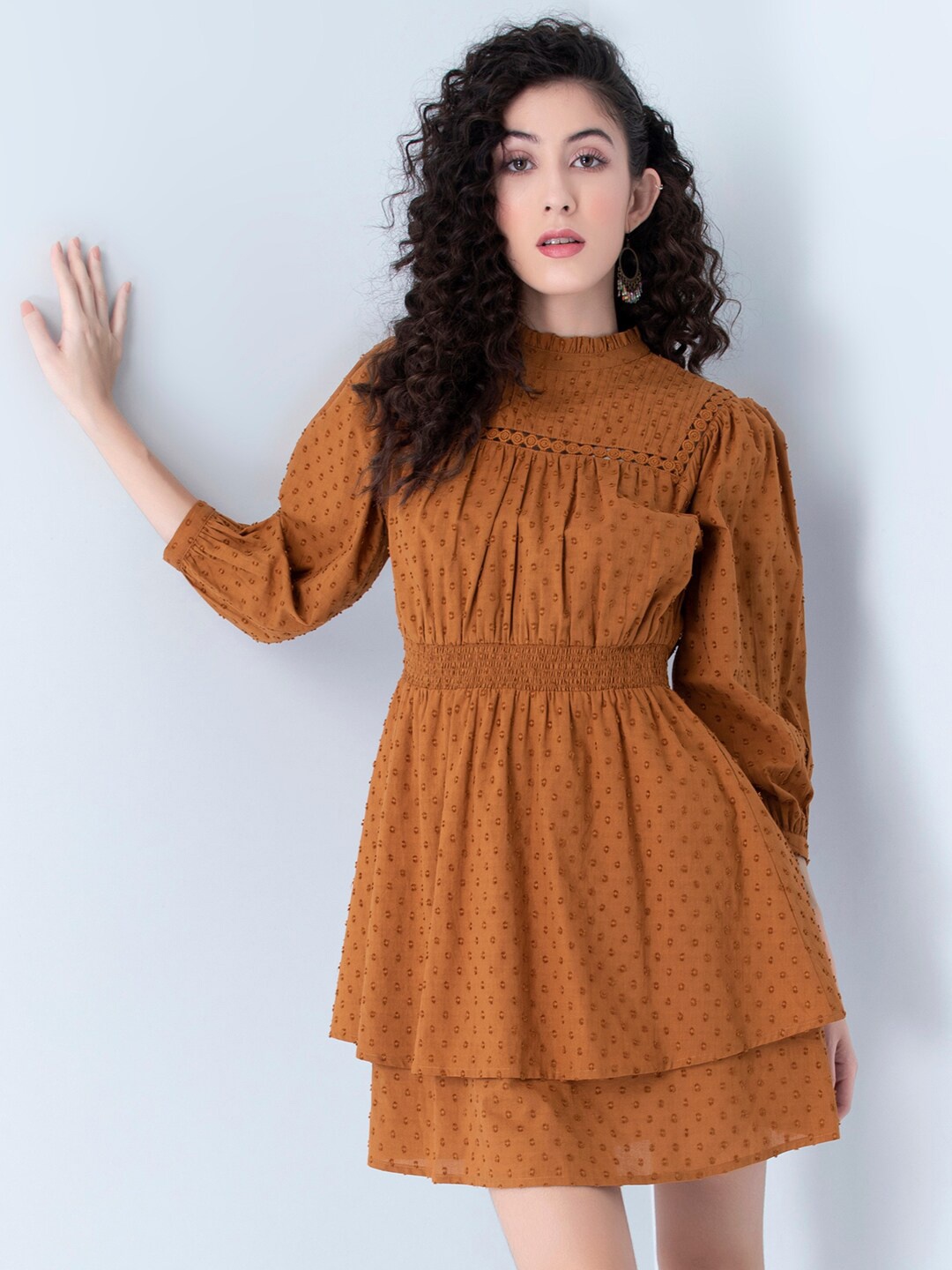 

FabAlley Brown Self Design Smocked High Neck Pure Cotton Mini Dress