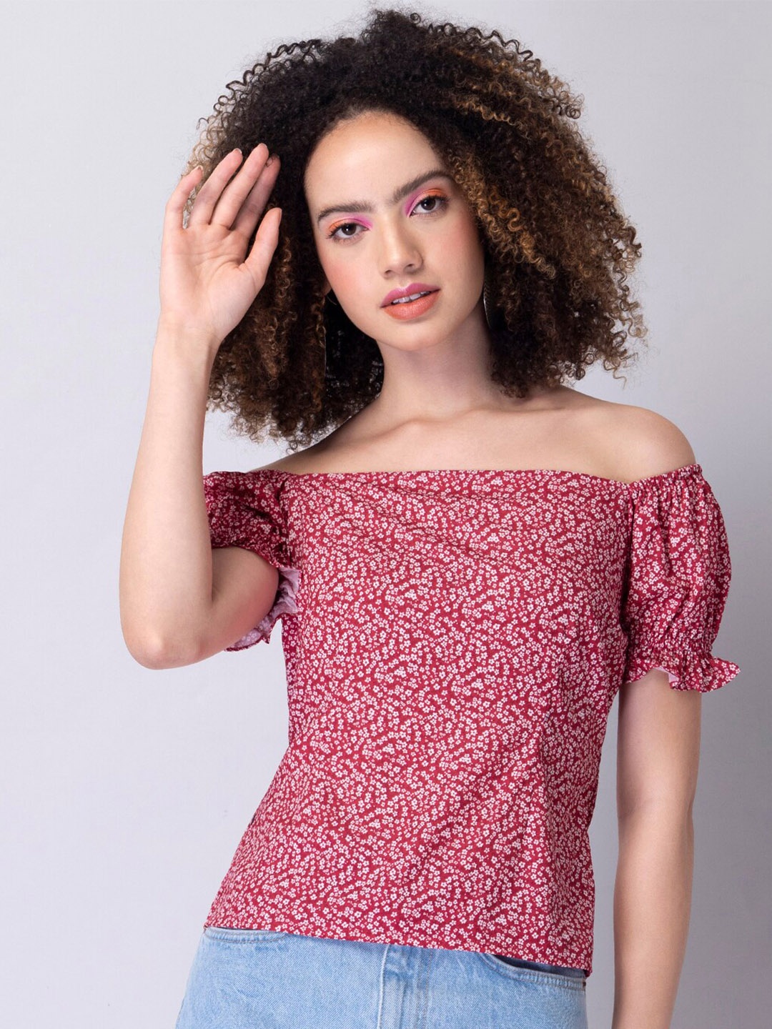 

FabAlley Floral Print Off-Shoulder Puff Sleeve Crepe Bardot Top, Red