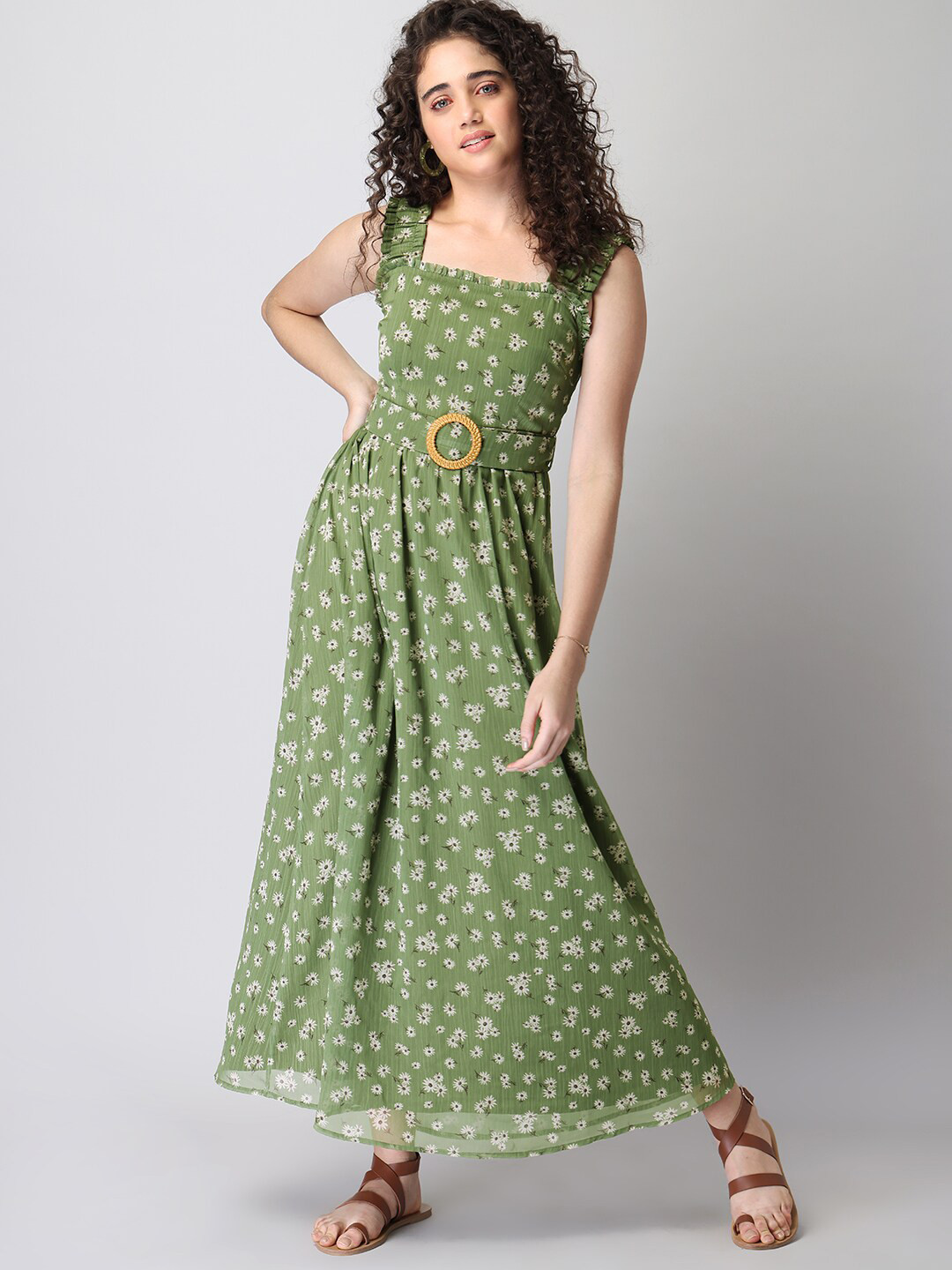 

FabAlley Floral Printed Square Neck Belted Maxi Dress, Olive
