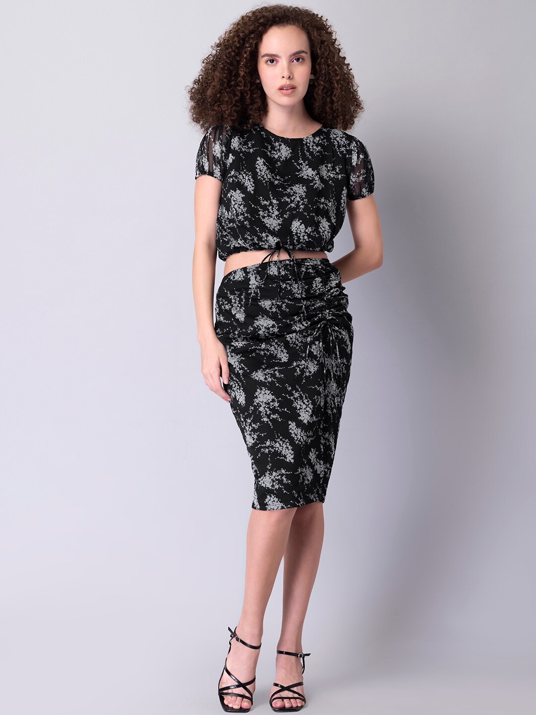 

FabAlley Floral Printed Top & Skirt Co-Ord Set, Black