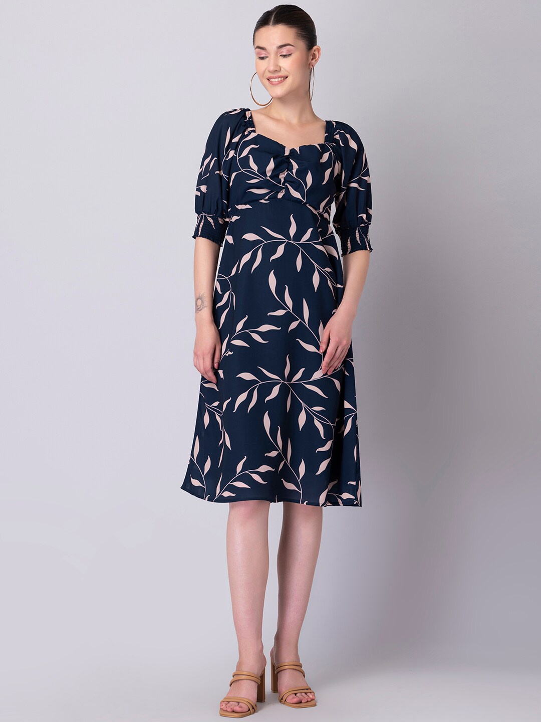 

FabAlley Floral Printed Sweetheart Neck Puff Sleeve Ruched Crepe Midi A-Line Dress, Navy blue