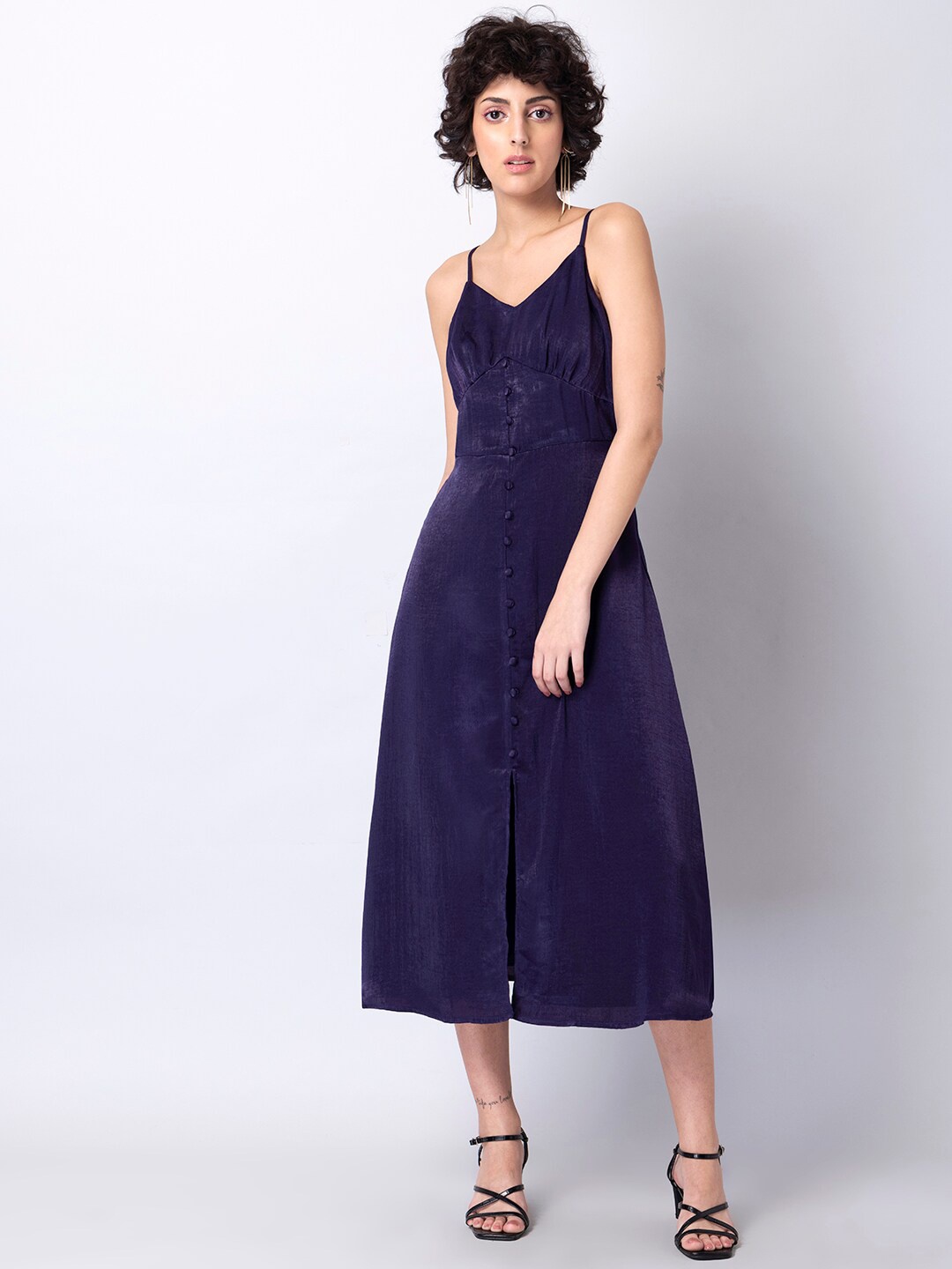 

FabAlley Purple Shoulder Straps Satin A-line Midi Dress