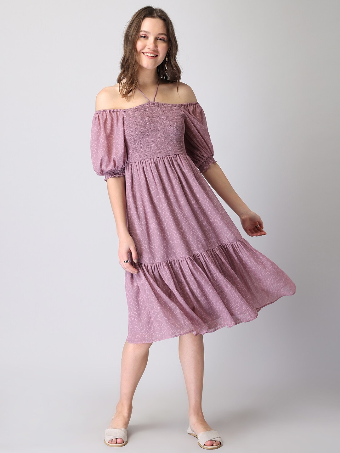 

FabAlley Purple Off-Shoulder Puff Sleeve Smocked Tiered Georgette Midi Dress