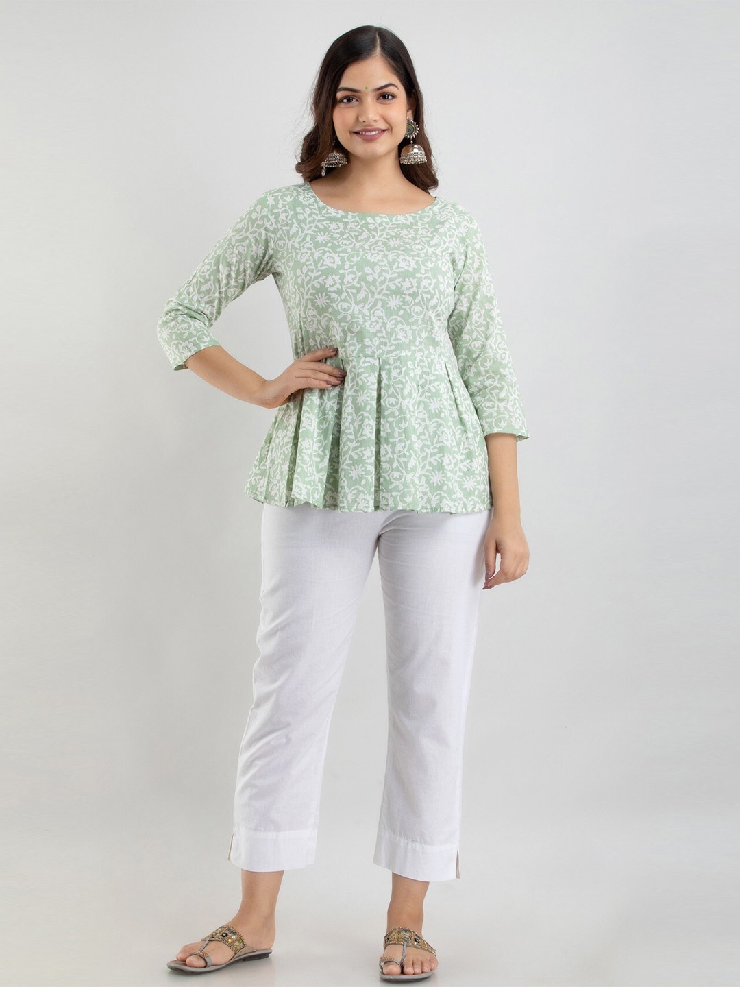 

SHOOLIN Floral Printed Pleated Pure Cotton A-Line Kurti, Olive