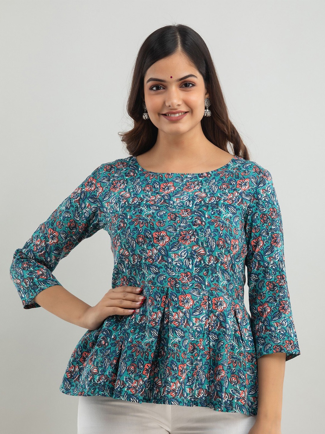 

SHOOLIN Floral Printed Round Neck Peplum Top, Blue