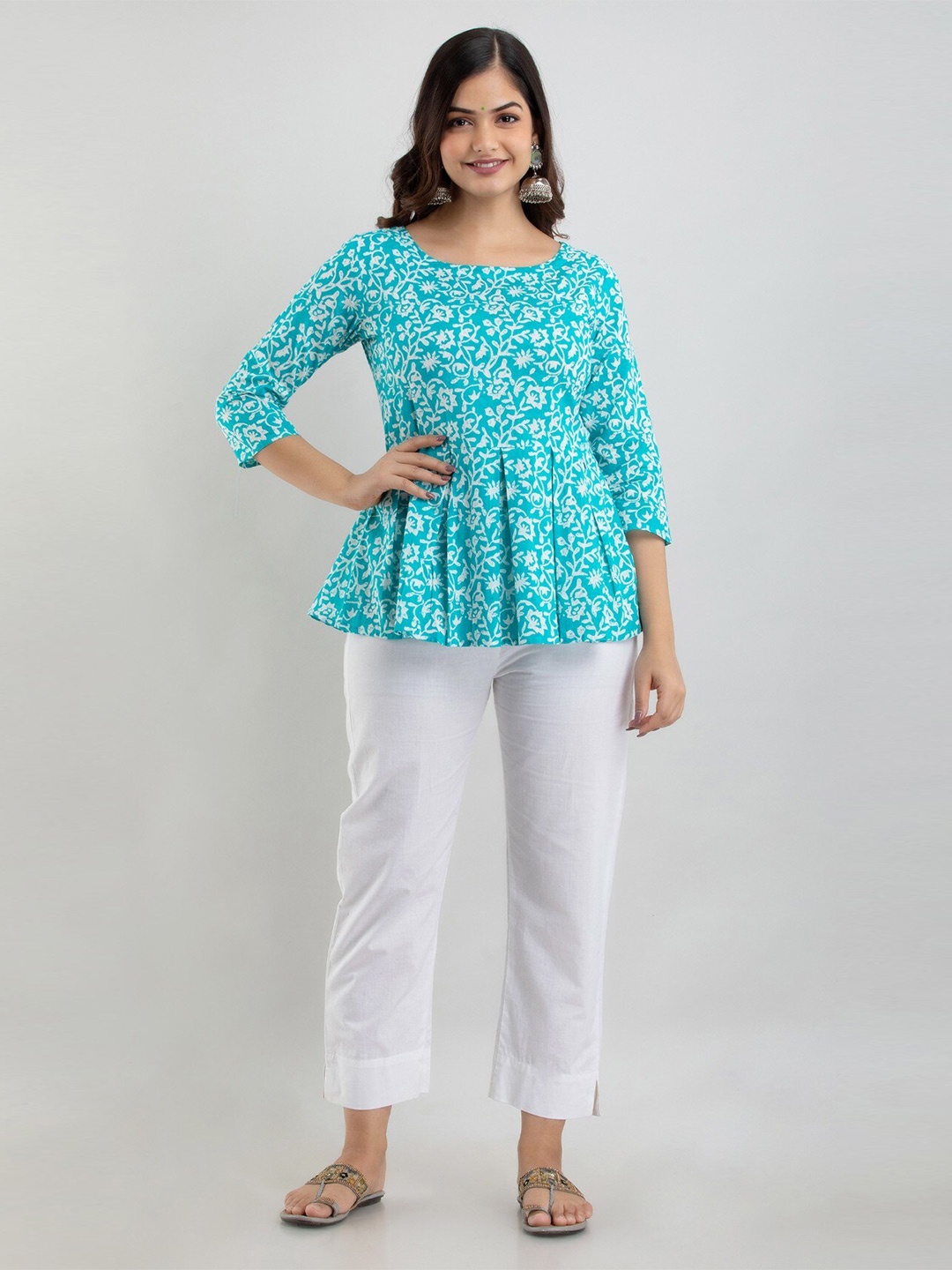 

SHOOLIN Floral Printed Pure Cotton Peplum Top, Turquoise blue