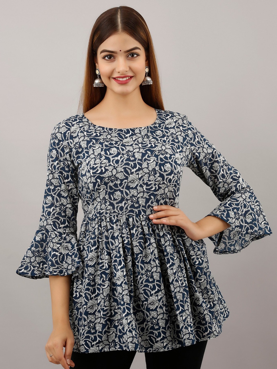 

SHOOLIN Floral Printed Pure Cotton Peplum Top, Navy blue