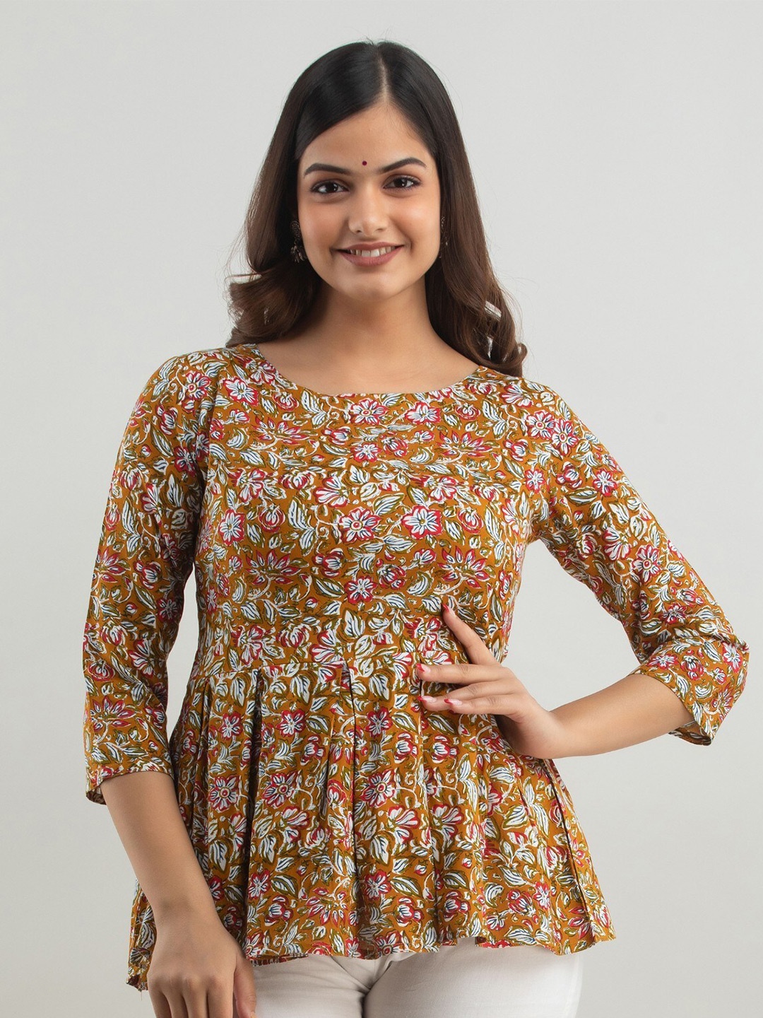 

SHOOLIN Floral Printed Round Neck Peplum Top, Mustard