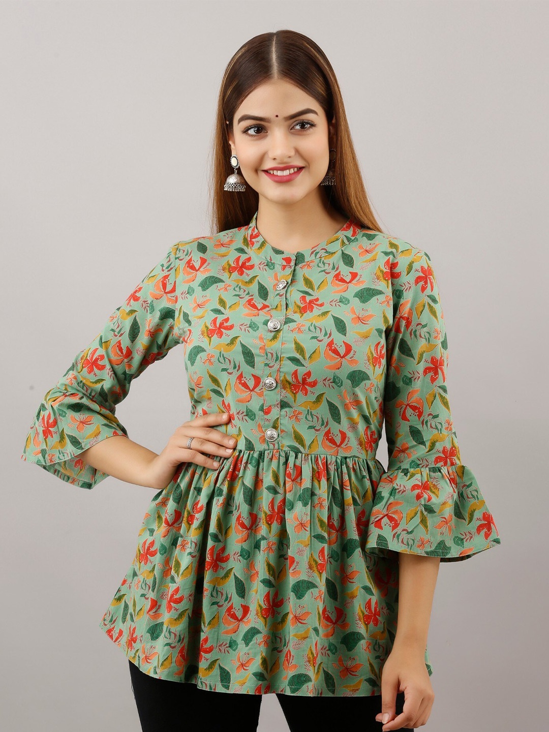 

SHOOLIN Floral Printed Mandarin Collar Bell Sleeves Pure Cotton A-Line Kurti, Green