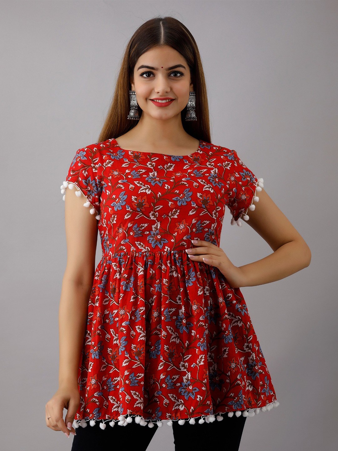 

SHOOLIN Floral Printed Round Neck Short Sleeves Pure Cotton A-Line Kurti, Red