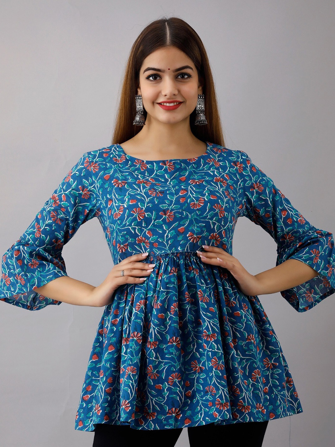 

SHOOLIN Floral Printed Mandarin Collar Bell Sleeves Pure Cotton A-Line Kurti, Blue