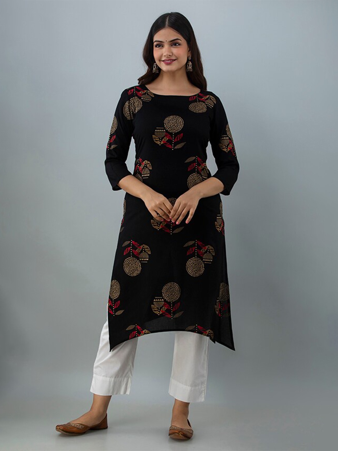 

SHOOLIN Ethnic Motifs Printed Straight Kurta, Black