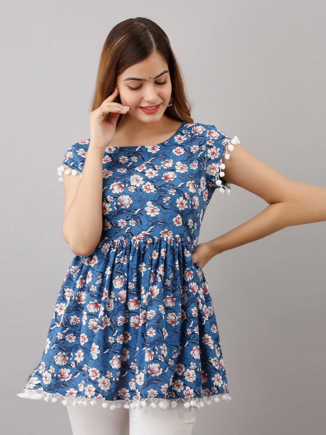 

SHOOLIN Floral Printed Round Neck Short Sleeves Pure Cotton A-Line Kurti, Blue