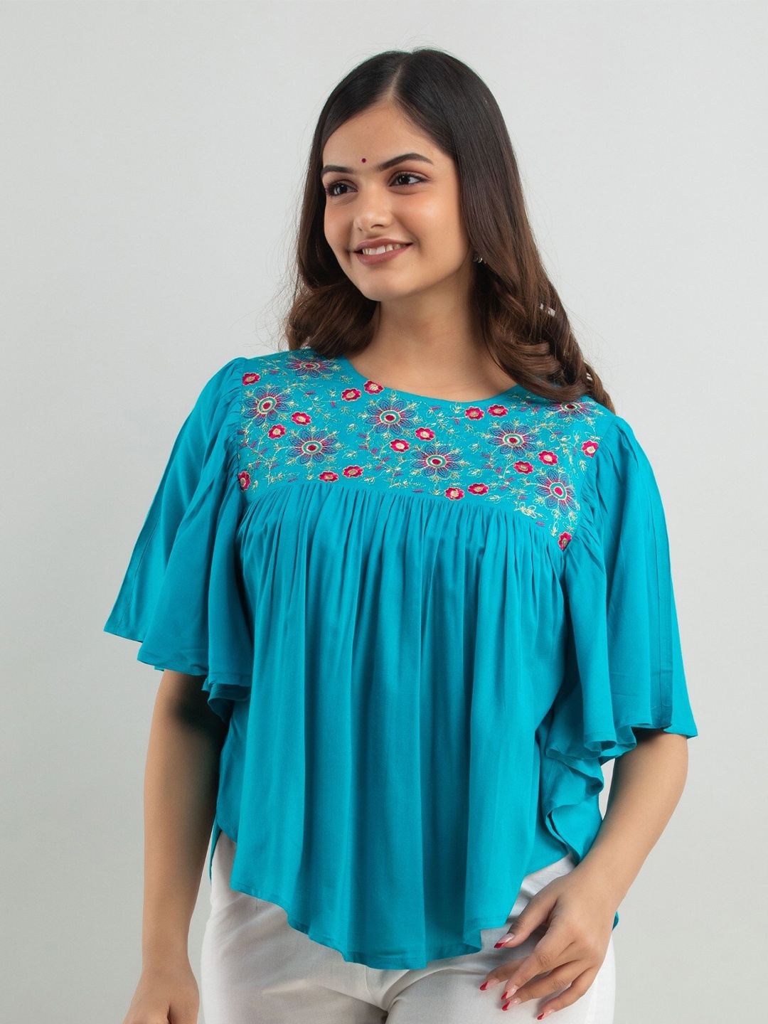 

SHOOLIN Floral Embroidered Regular Top, Turquoise blue