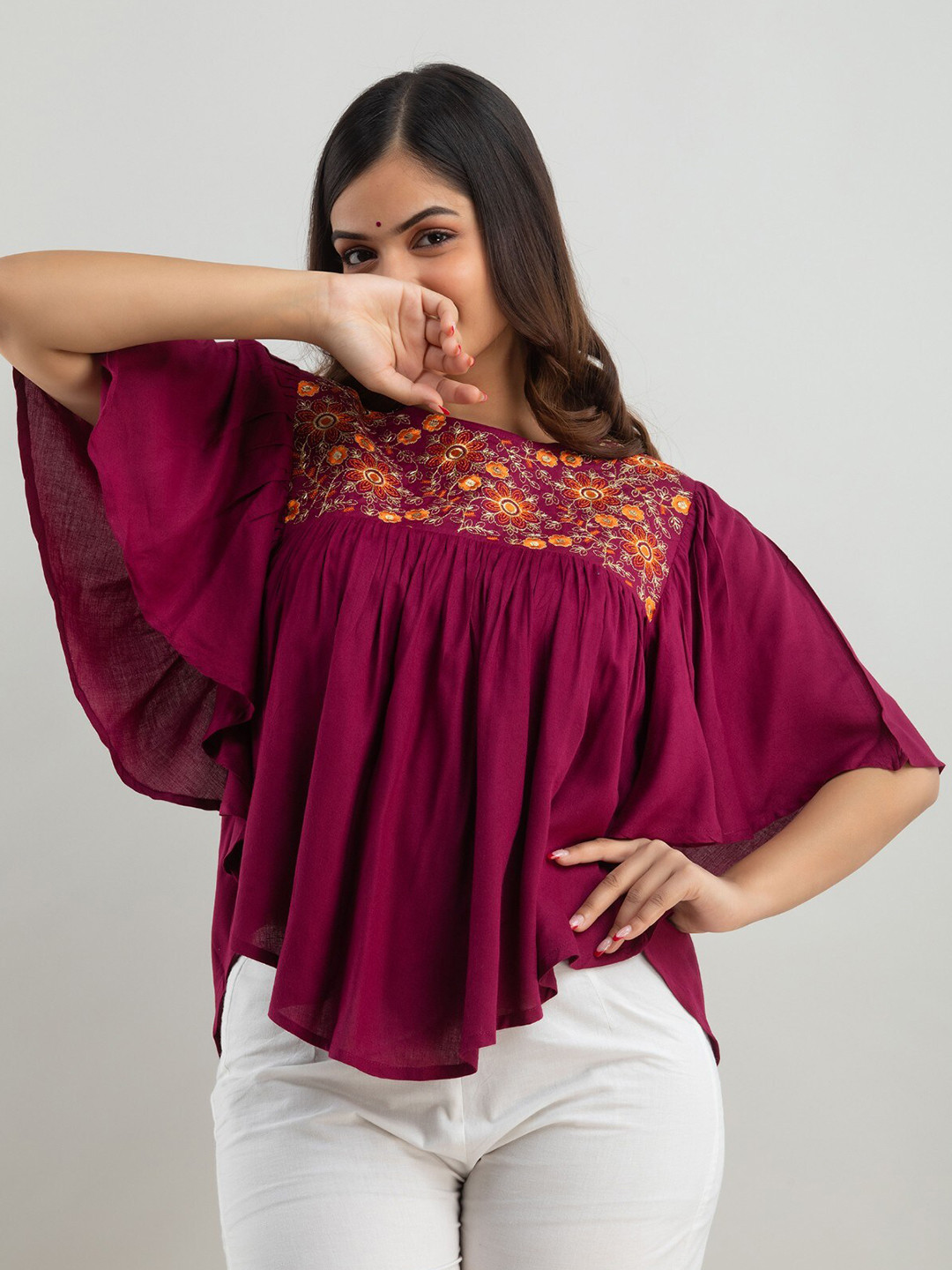 

SHOOLIN Floral Embroidered Flared Sleeves A-Line Top, Maroon